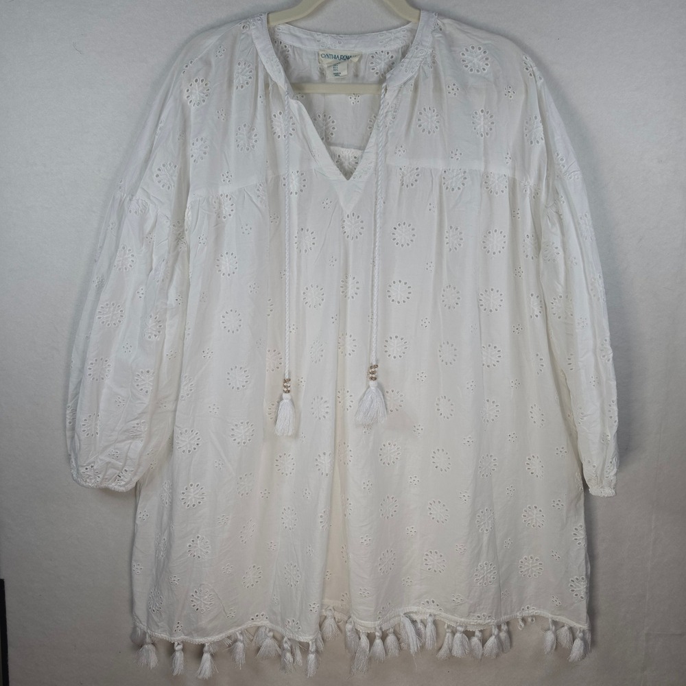 Cynthia Rowley White Eyelet Tunic Top Tassel Fringe Cotton Blouse Large